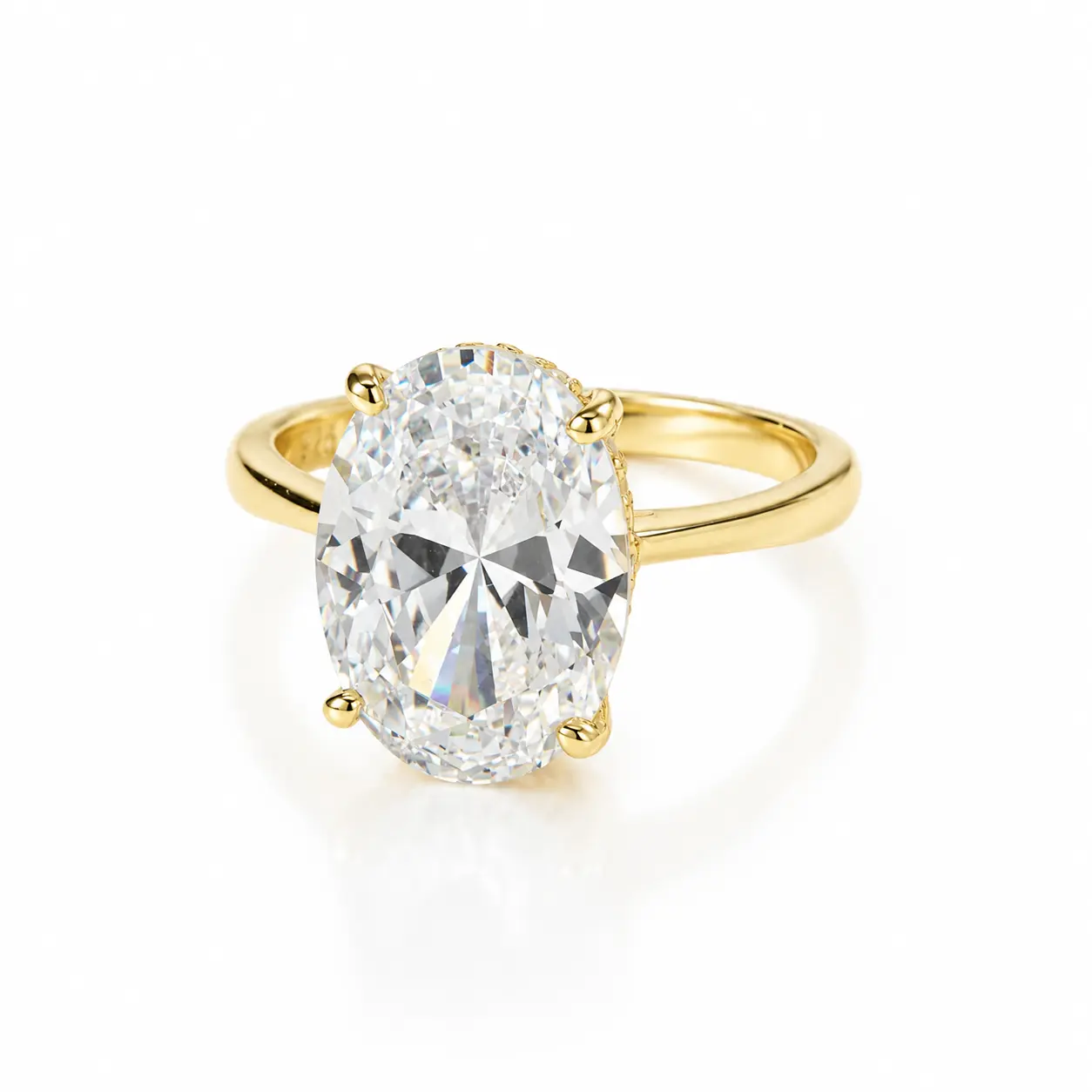 7 CT Oval Cut CZ Engagement Ring, 23K Yellow Gold Plated Sterling Silver, Large Statement Ring, Colorless High Grade Cubic Zirconia Ring