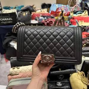 Pre-owned CHANEL FRANCE Shoulder Bags H1 Le Boy Medium Black Gold Diamond Crossbody Bag BZ0010