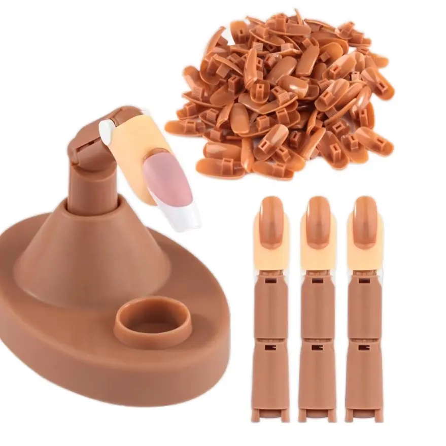 Practice Finger Kit, Acrylic Nail Training with 1 Base Stand, 3 Adjustable Fake Fingers, 100 Brown Nail Tips, Movable Training Nail Practice for Nail Beginner…