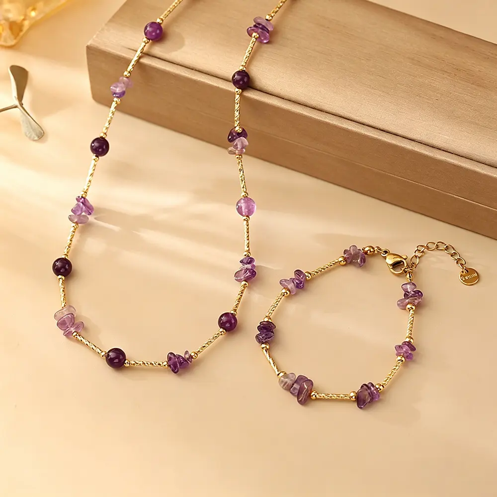Elegant Jewelry Sets for Women, Layered Natural Amethyst Choker Necklace and Bracelet with Dainty Twisted Chain, Romantic Healing Crystal Gift, Necklaces For Women, Bracelets