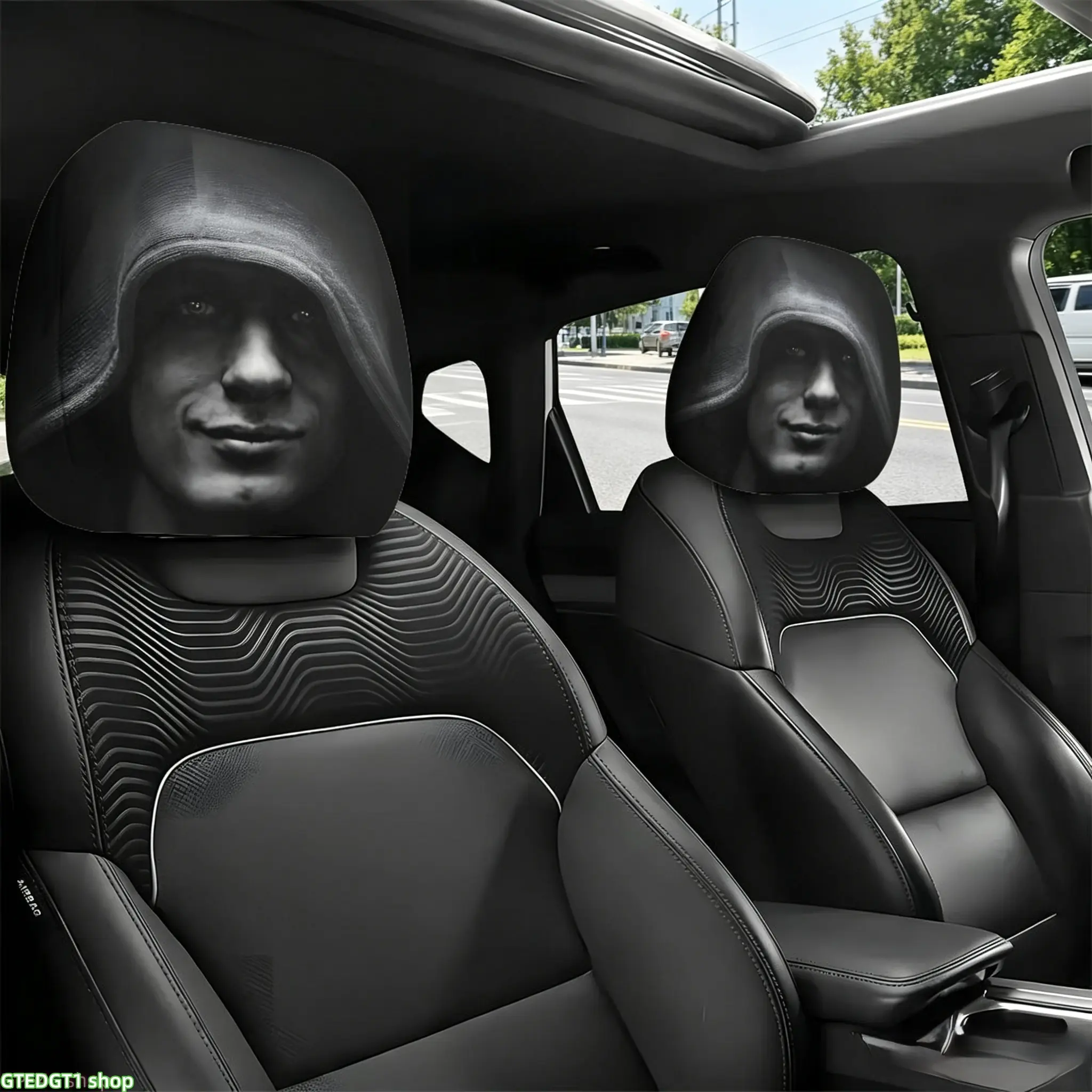 2 PCS Gothic Style Black Base Monochrome Hooded Man Face Print Car Headrest Covers, Universal Elastic Soft Headrest Protector, Spooky Mysterious Face Pattern Auto Seat Head Rest Covers for SUV, Truck, Sedan, Car Interior Decor Automotive Decoration Vehicl