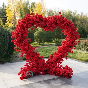 8x8ft Red 5D Luxury Heart Shaped Floral Arch, Romantic Wedding Backdrop, Large Flower Wall, Anniversary & Ceremony Decoration
