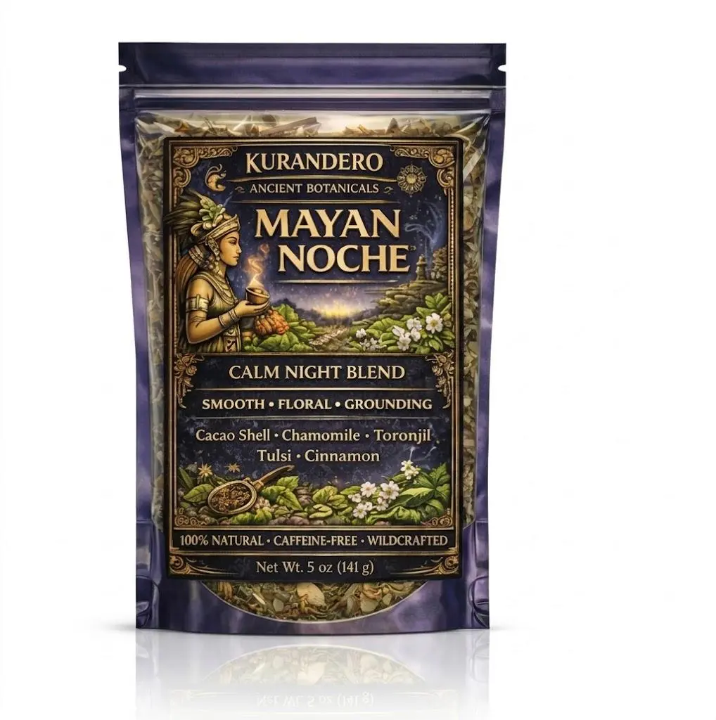 Kurandero Mayan Noche Calm Night Herbal Tea Blend 5 oz Cacao Shell Chamomile Toronjil Tulsi Cinnamon Smooth Floral Grounding Caffeine-Free Bedtime Tea Natural Beverage