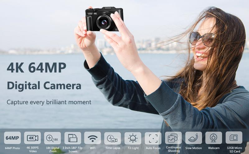 4K Digital Camera for Photography with 64MP, 3 Inch 180° Flip Screen, 18X Digital Zoom, 32GB Micro SD Card, 2 Batteries, Ideal for Christmas Gift