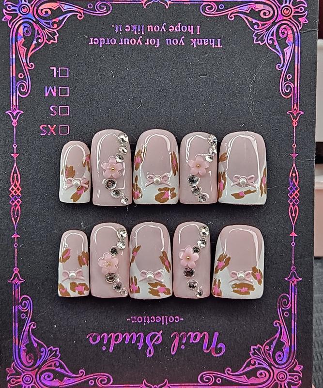 Custom Leopard Print French Tip Nails Set for Nail Art - Short Square Pink and White Press Ons