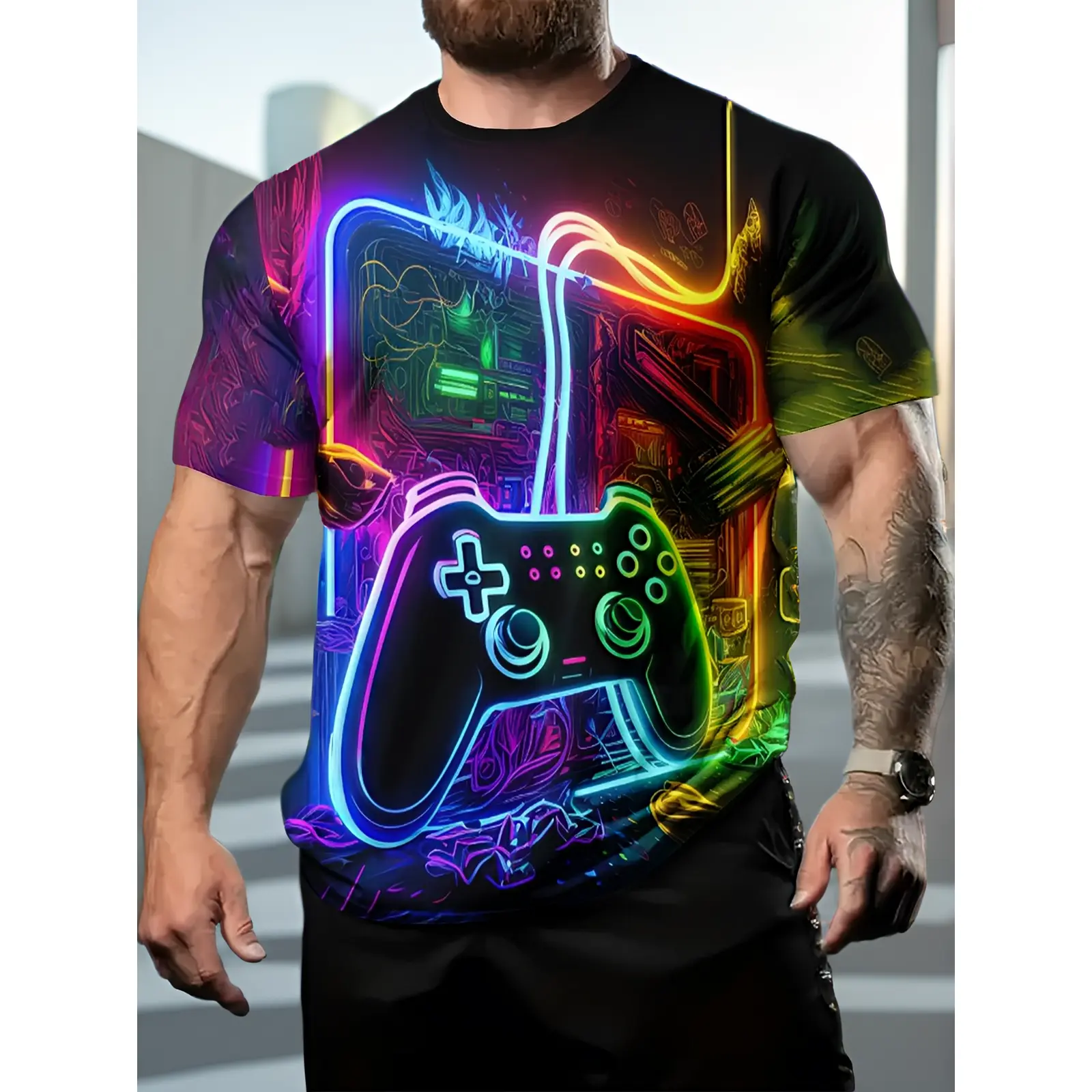 Men' Retro Video Game T-Shirt with Neon Controller Design - Short Sleeve Breathable Round Neck Tee Suitable for Summer, Machine Washable Regular Fit Gamer Apparel for Themed Parties & Casual Attire, Casual Gaming Outfits for Gamers, PLUS SIZE