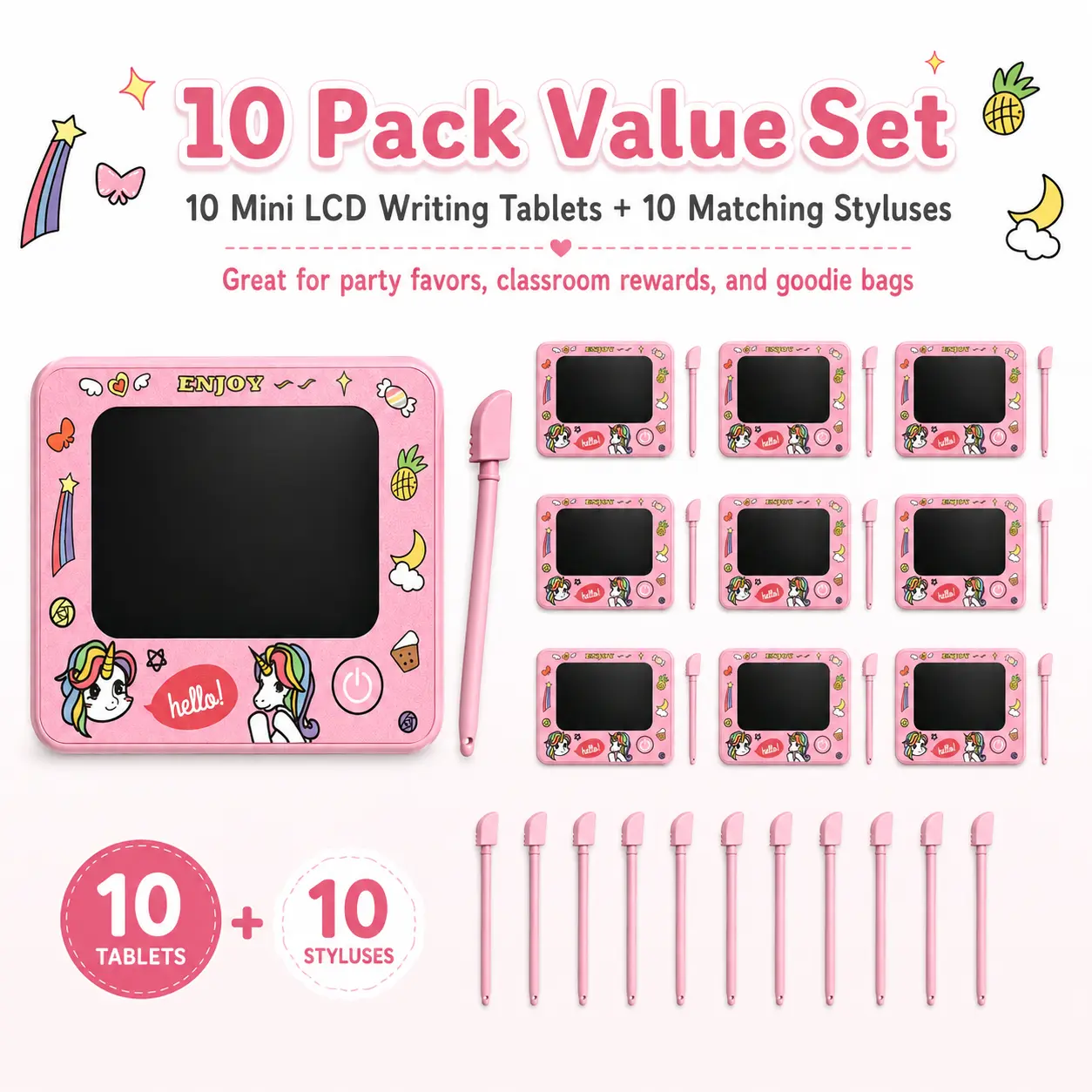 10 Pack Mini LCD Writing Tablets for Kids Pink Unicorn Doodle Boards