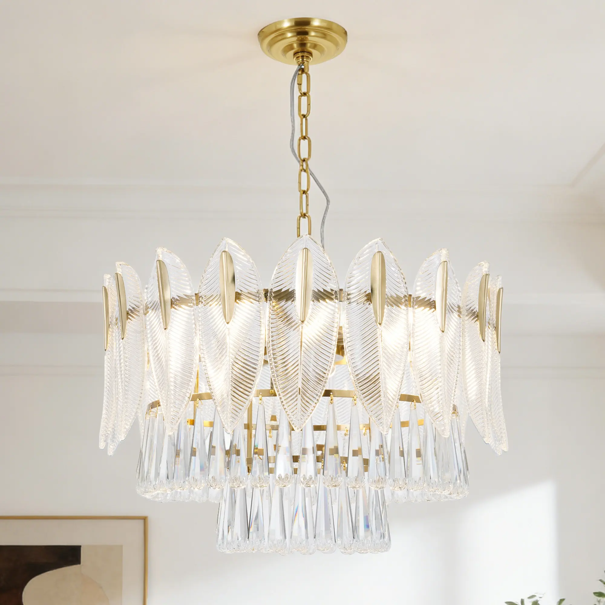23.6-Inch French Style 9-Light Crystal Chandelier (Gold Finish, Adjustable Chain) for Dining & Living Rooms