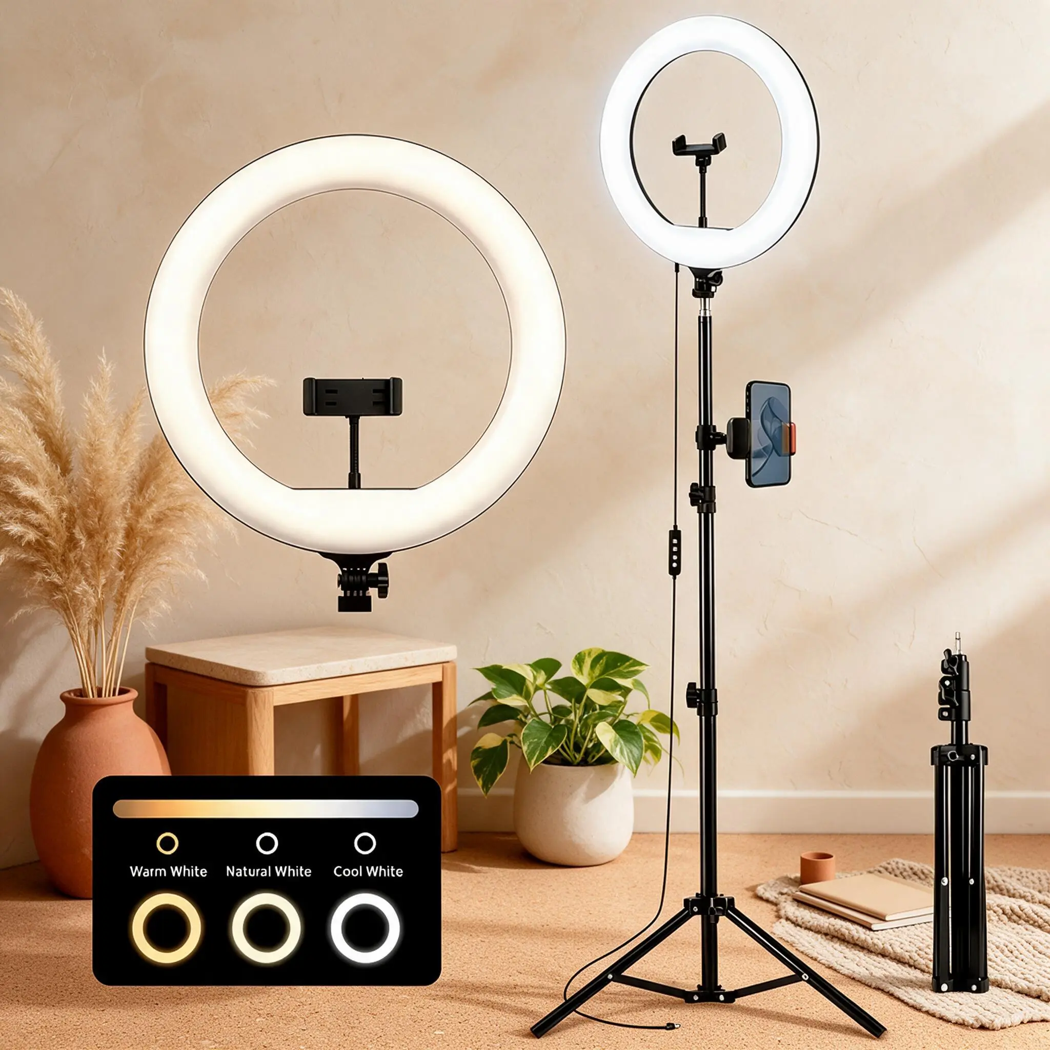 12‑Inch USB LED Selfie Ring Light, Complete Kit with 17‑57" Extendable Tripod & Cell Phone Clamp, 10‑Step Dimmable Soft Fill Lighting, Eye‑Friendly Lamp for Online Live Shows, Beauty Shooting & Self‑Portrait Vlog Videos