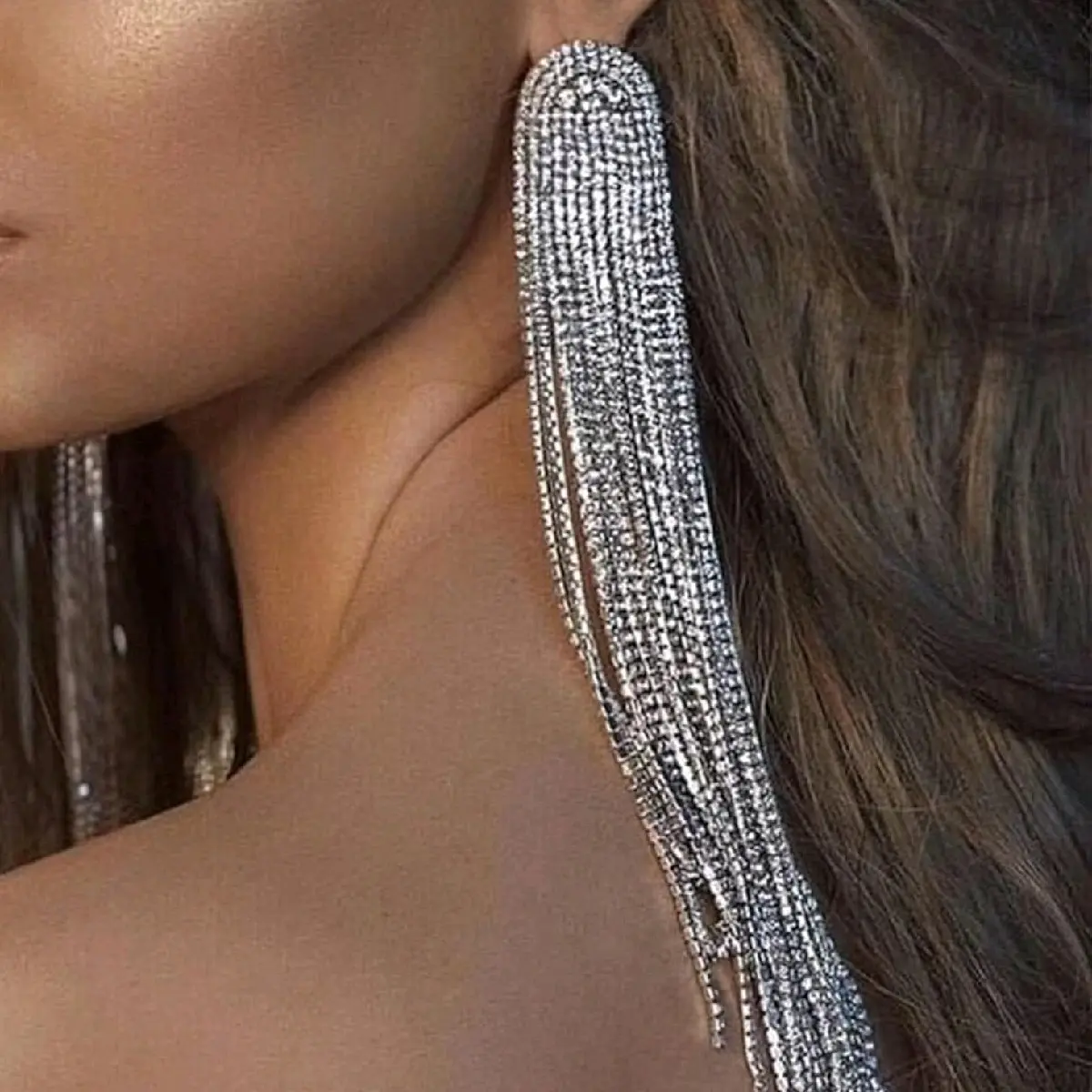Long Rhinestones Tassel Earrings Crystal Chandelier Tassel Long Big Statement Chain Dangle Drop Earrings for Women and Girls