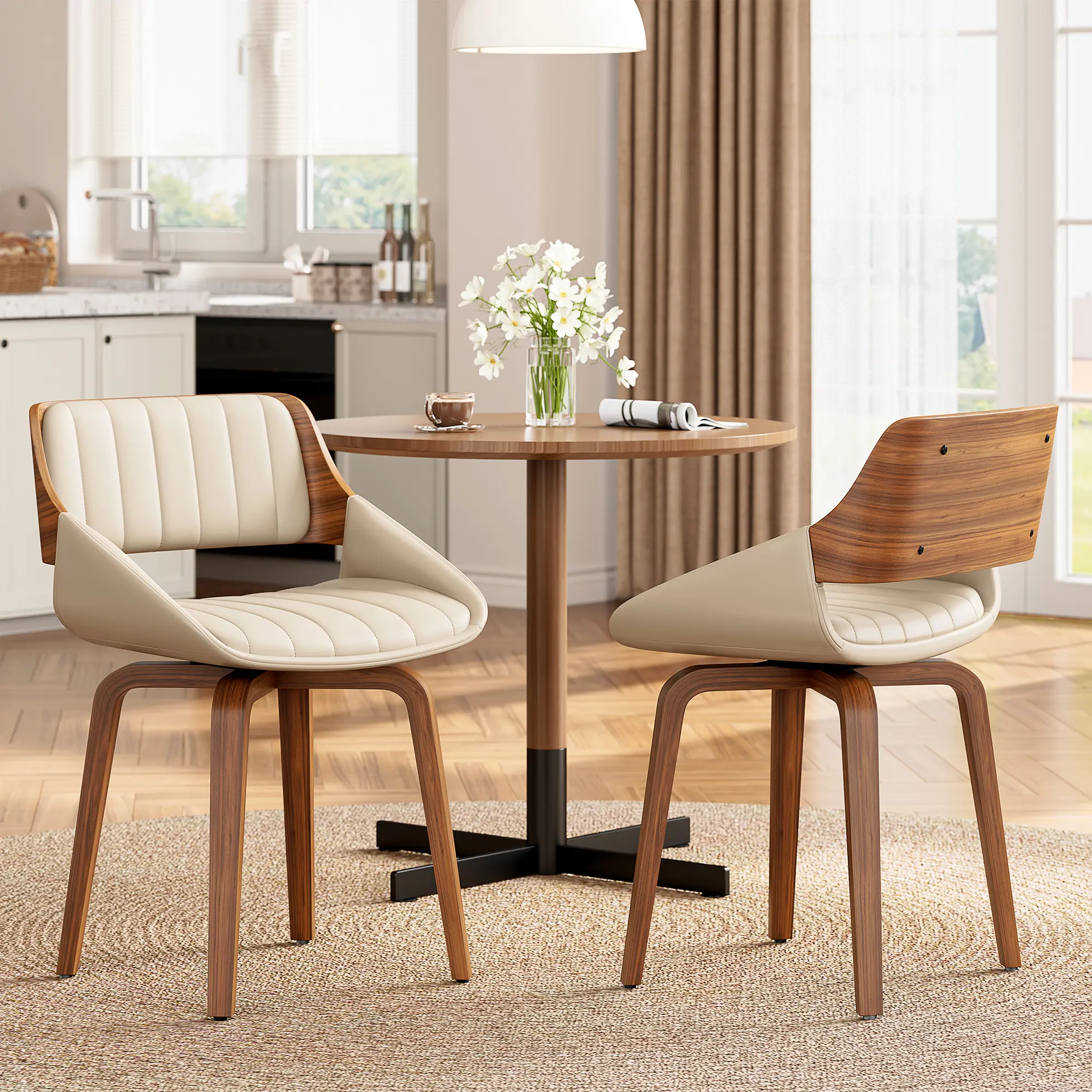 Aowos 360° Swivel Dining Chairs Set of 2, Mid Century Modern Kitchen Chair with Walnut Bentwood Back and Legs, Upholstered PU Leather for Dining Room, Kitchen, Restaurant, Cafe, Beige, Black