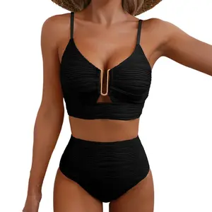 2 Piece Bikini Set U-Wire Cutout Swimsuit High Waisted Textured 2026 Summer Swimming Clothing Beach Water Sports Tummy Control Swimwear SpringStatements