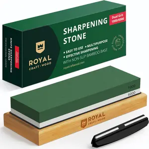 Royal Craft Wood Universal Knife Sharpening Set for Kitchen & Chef Knives, Double-Sided Whetstone, Wooden Angle Guide & Bamboo Base