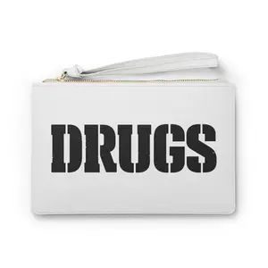 DRUGS Clutch Bag | Bold Stencil Text, Minimalist Statement Accessory