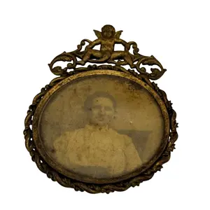 Antique Brass Oval Picture Frame Cherub Bow MiniaturePortrait Victorian Woman