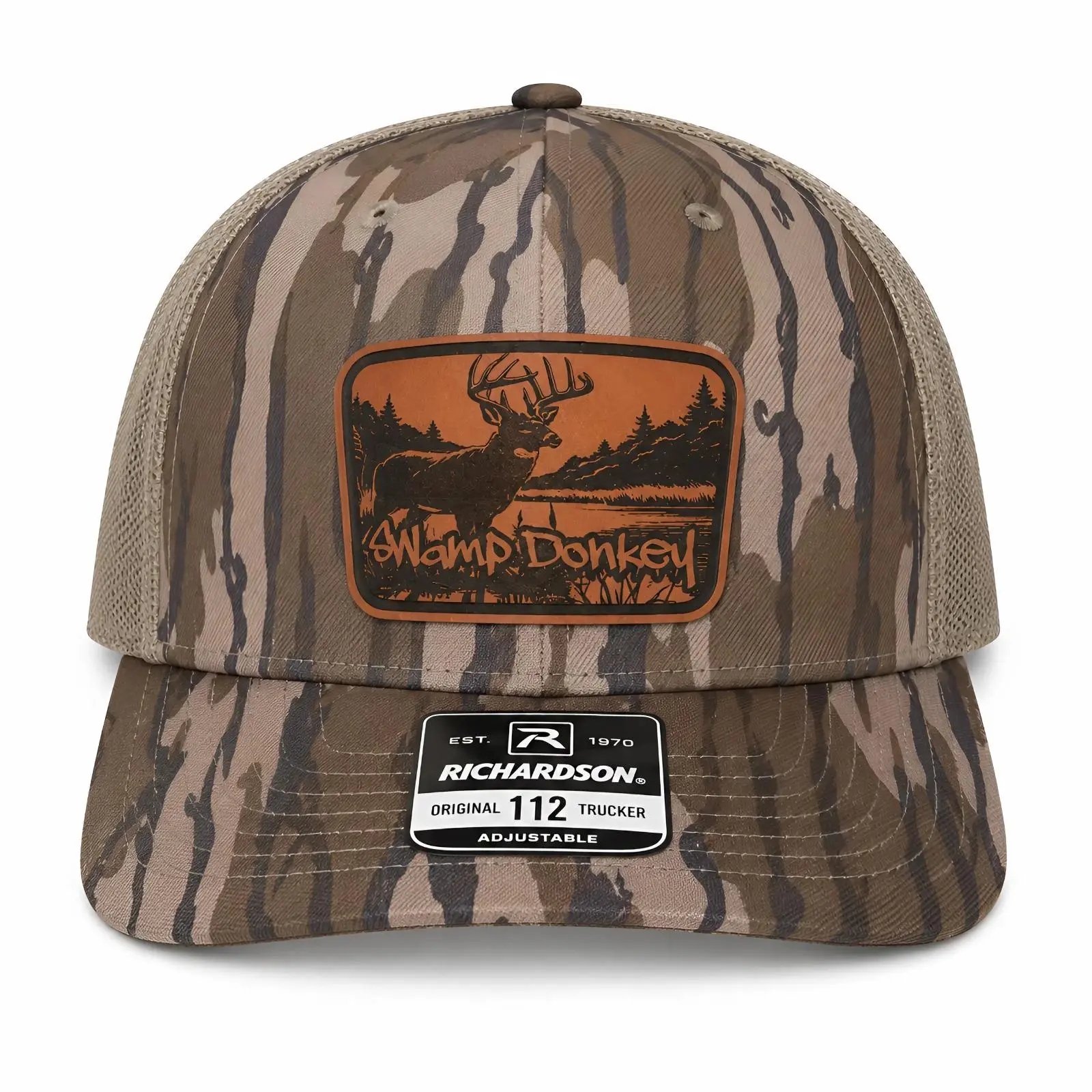 Swamp Donkey Whitetail Deer Leather Patch Richardson 112 Trucker Hat | High Quality & Adjustable Camo Snapback Hunting Cap for Men 2026 | Trendy Richardson Hat