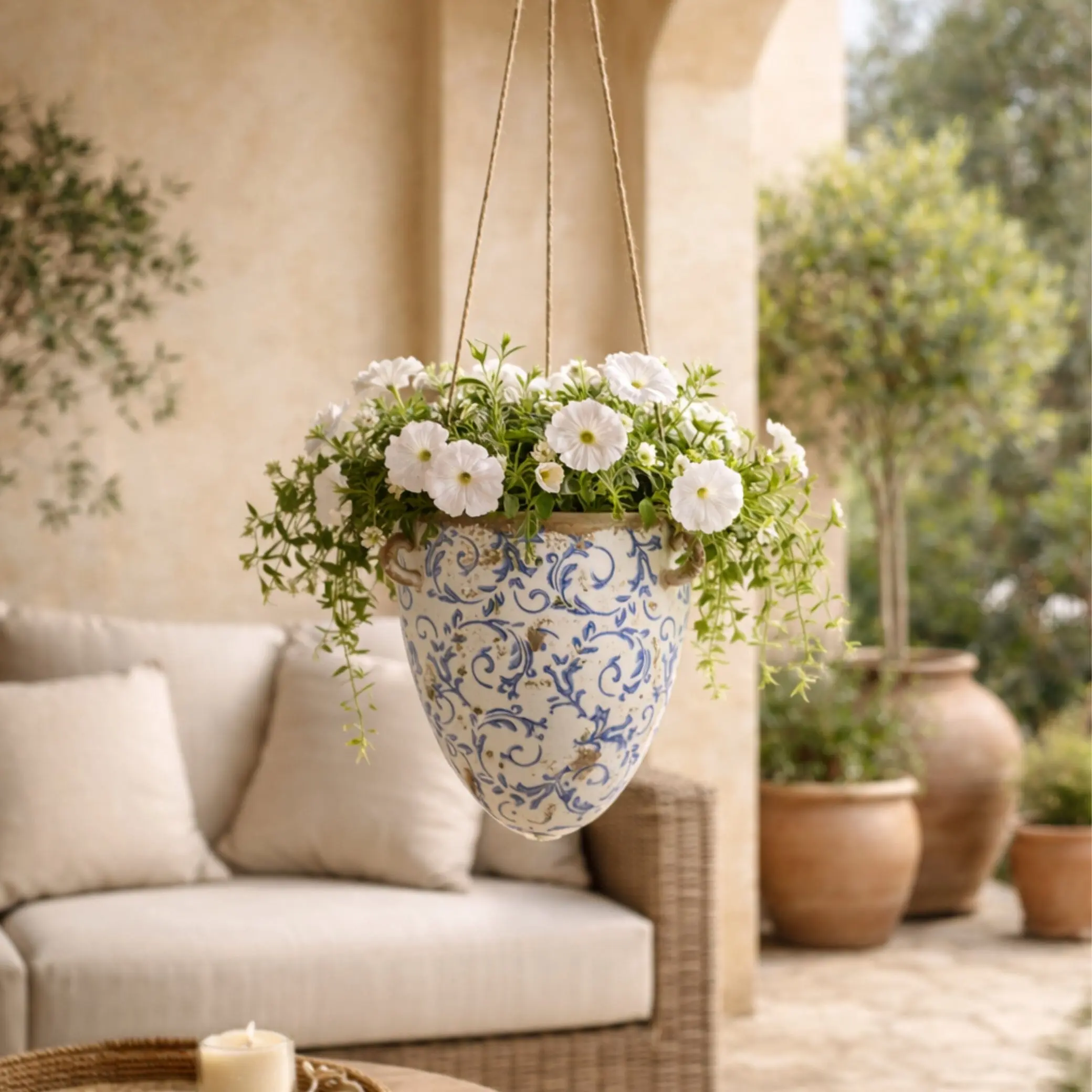 2’ Rustic Tuscan Hanging Ceramic Scroll Planter - Decorative Garden Planter for Indoor Gardening & Plant Display