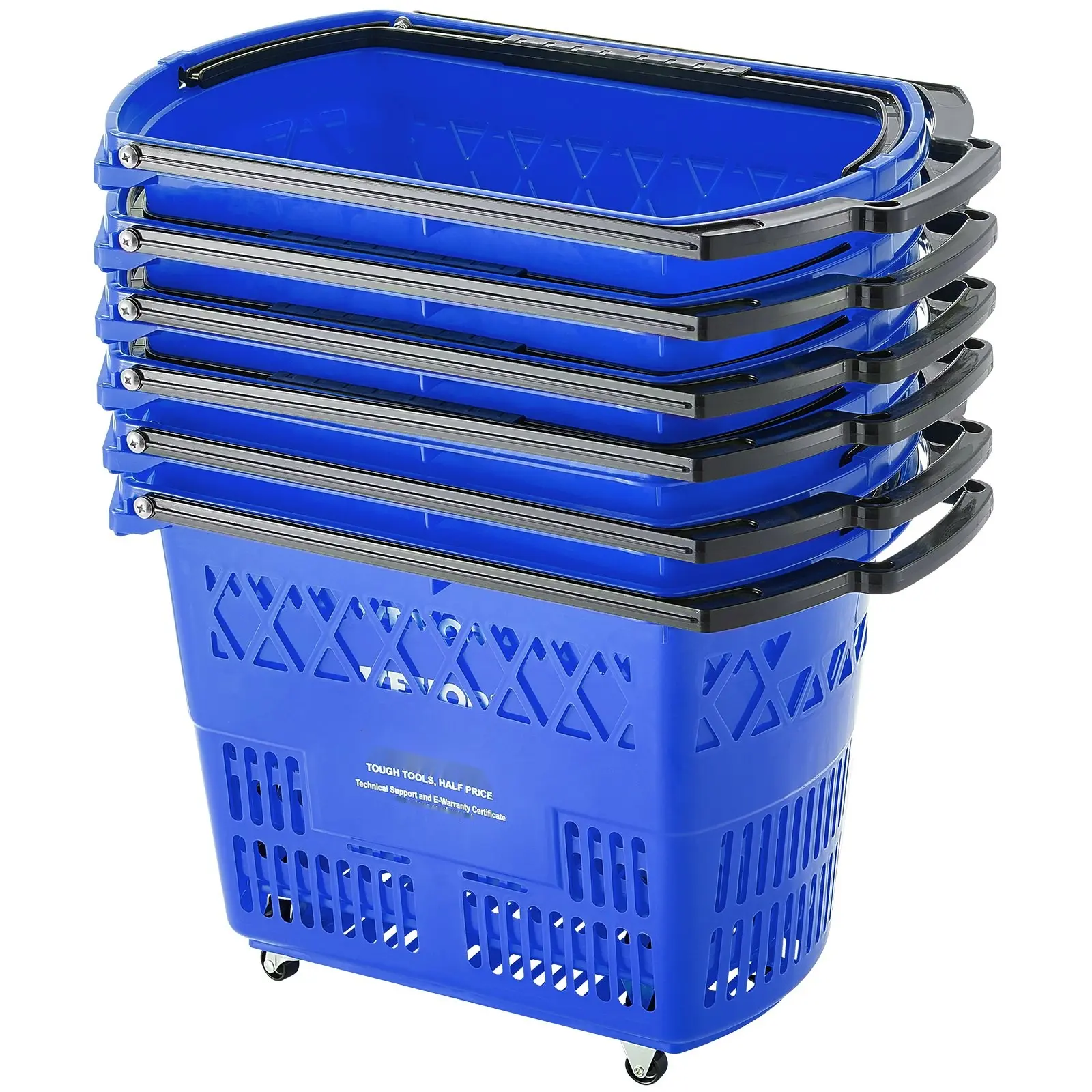 Plastic Rolling Shopping Trolley Basket On Wheels Set Of 6 With 39L Capacity And Handles, Durable Lightweight Plastic Grocery Carts, Stackable Storage Baskets For Market, Supermarket, Home Use, Laundry, And Shopping