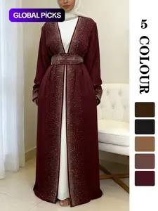 Women's Glitter Rhinestone-Embellished Belted Long-Sleeve Open-Front Modest Abayas for Eid, Women's Islamic Clothing for Spring and Fall
