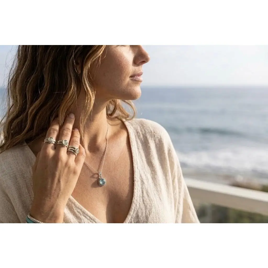 Sterling Silver 8mm Crown Bezel Natural Aquamarine Pendant Necklace - March Birthstone, Casual Elegant, Birthday Gift, Everyday Wear, Handmade Minimalist Gemstone Semiprecious Stone Necklaces & Pendants