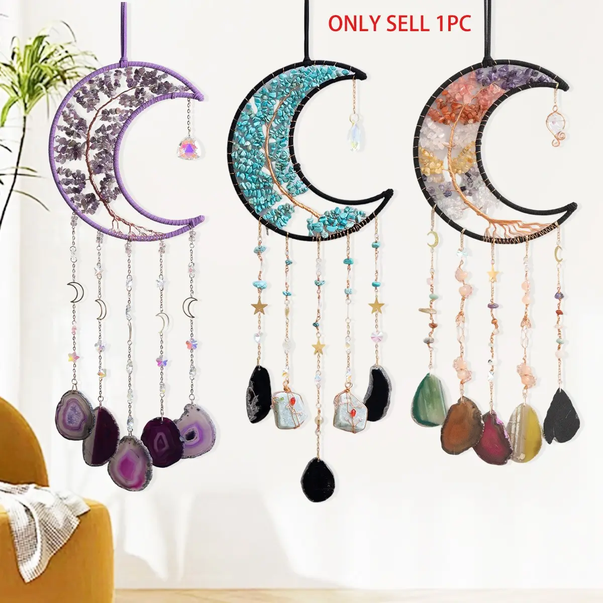 Crystal Life Tree Dream Catcher, Moon Agate Pendant Home Decor Items, Boho Decor, Garden Living Room Decoration, Creative Handmade Christmas Gift, Hanging Decor, Decorative Hanging Piece