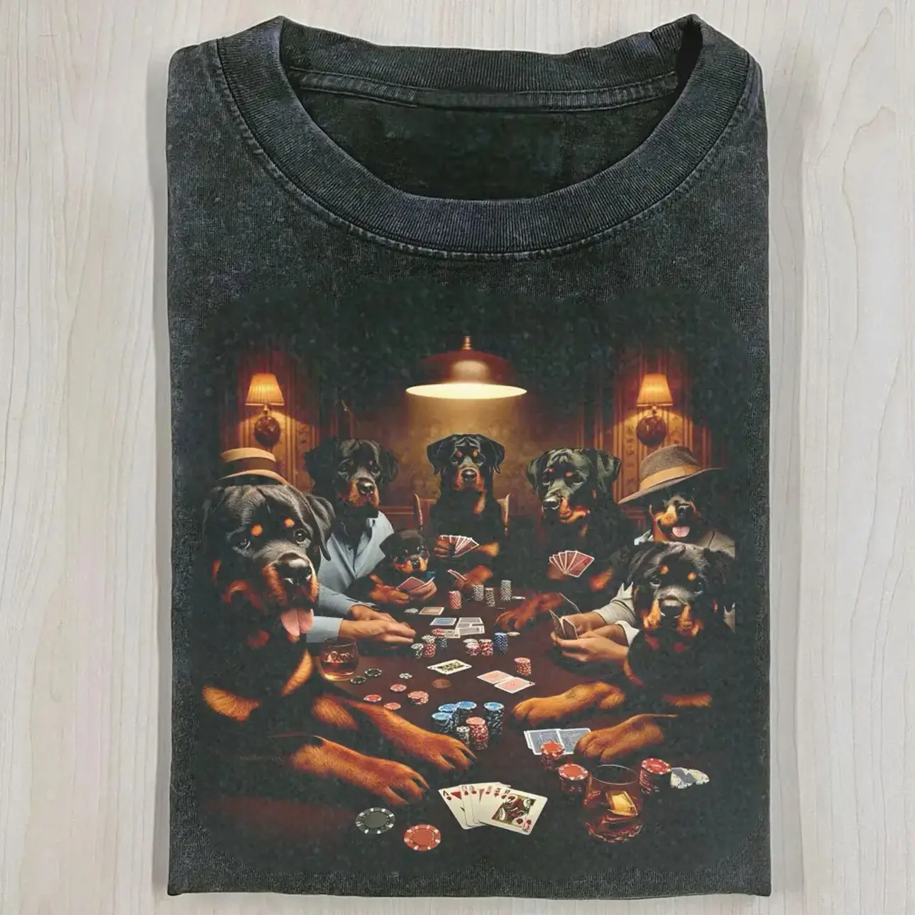 Rottweiler Dogs Playing Poker Vintage T-Shirt | Classic Dog Art Tee | Funny Dog Lover & Gambler Gift Shirt W