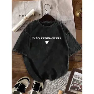 Women'S Retro Washed Comfortable Pregnant Woman Announcement T-shirt | "IN MY PREGNANCY ERA" Heart-Shaped Symbol Printing, Black and White Casual Crew Neck Top, Daily Commuting, Leisure Outing and Four Seasons Wear, P Washed Short-Sleeved T-shirt