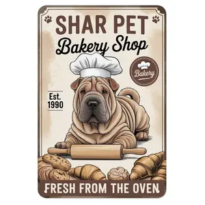 Shar Pei Bakery Shop Dog Chef Tin Sign, Vintage Shar Pei Baker Metal Sign Print Aesthetic Room Decoration for Home Bedroom Kitchen Bar Coffee Shop Bathroom Indoor Outdoor Wall Decor, 8 X 12 in
