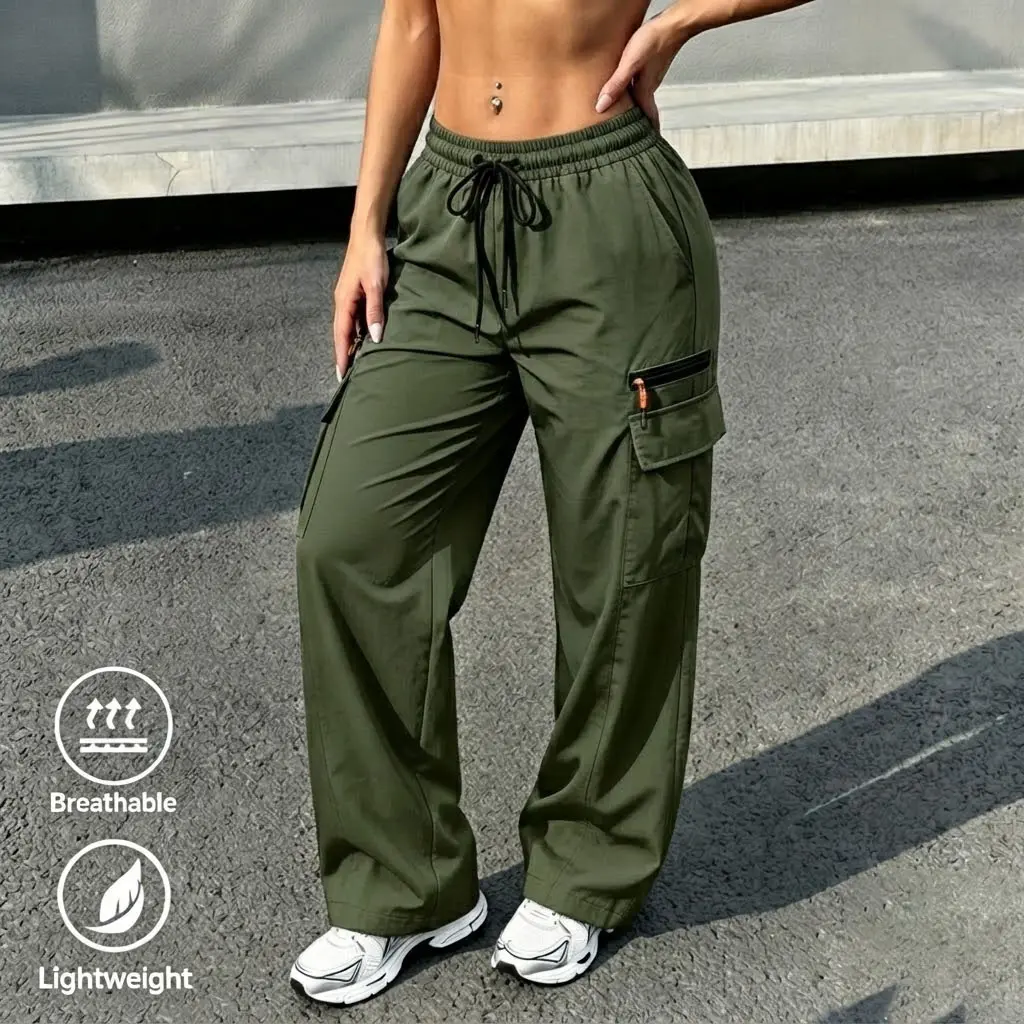 Women’s all-season lightweight casual cargo pants with a drawstring waist, solid color and minimalist design, featuring faux zipper detailing—suitable for outdoor sports and everyday fashion wear.