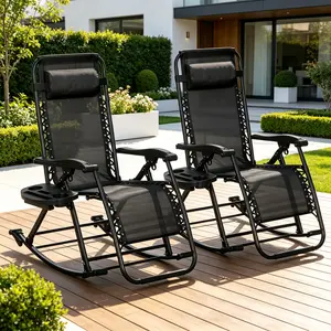 SummerVibes 2 Pieces Outdoor Rocking Chairs, Foldable Reclining Zero Gravity Lounge Rocker with Pillow, Cup and Phone Holder, Combo Design with Folding Legs, Black for Lawn Backyard Poolside