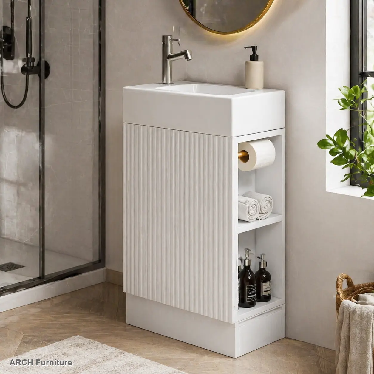 18.6" Modern Waterproof MDF Bathroom Vanity - Single Sink, 2-Tier Shelf Floor Unit, MDF Cabinets, Left/Right Orientation, 18.6"l x 10.6"w x 33.2"h, 44.10 lbs, 80lbs Capacity, Assembly Required, White Bathroom Cabinet Storage (Old Sku:WF308491AAK), Wood, V
