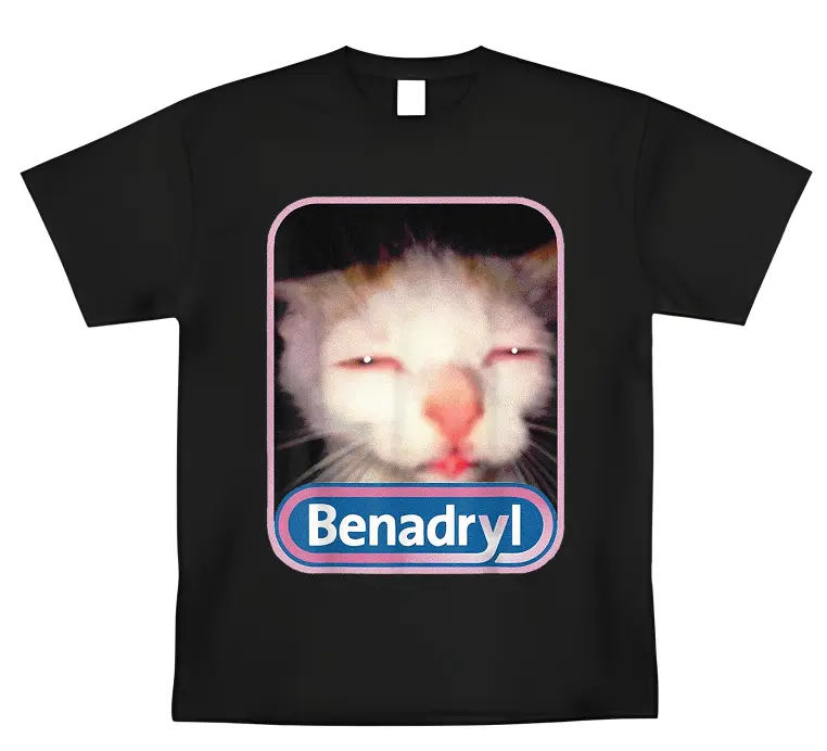 Men's 100% Cotton Graphic T-Shirt - Funny Benadryl Cat Meme Print, Plus Size Oversized Crew Neck, Lightweight Short Sleeve, Comfy Breathable Relaxed Fit Top, Reinforced Stitch Menswear Casual Classic