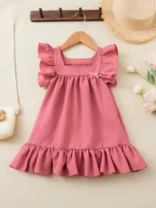 Girls' Casual Frilled Dress, Small Fly Sleeve Ruffle Striped Knee-Length Skirt, Bow Fashion Versatile Style, Suitable for 3-8 Year Old Girls