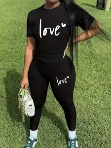 Women's Casual Spring/summer Two-Piece Set, Crew-Neck Short-Sleeve T-Shirt & Pants, Fitted Print Suit for All Seasons