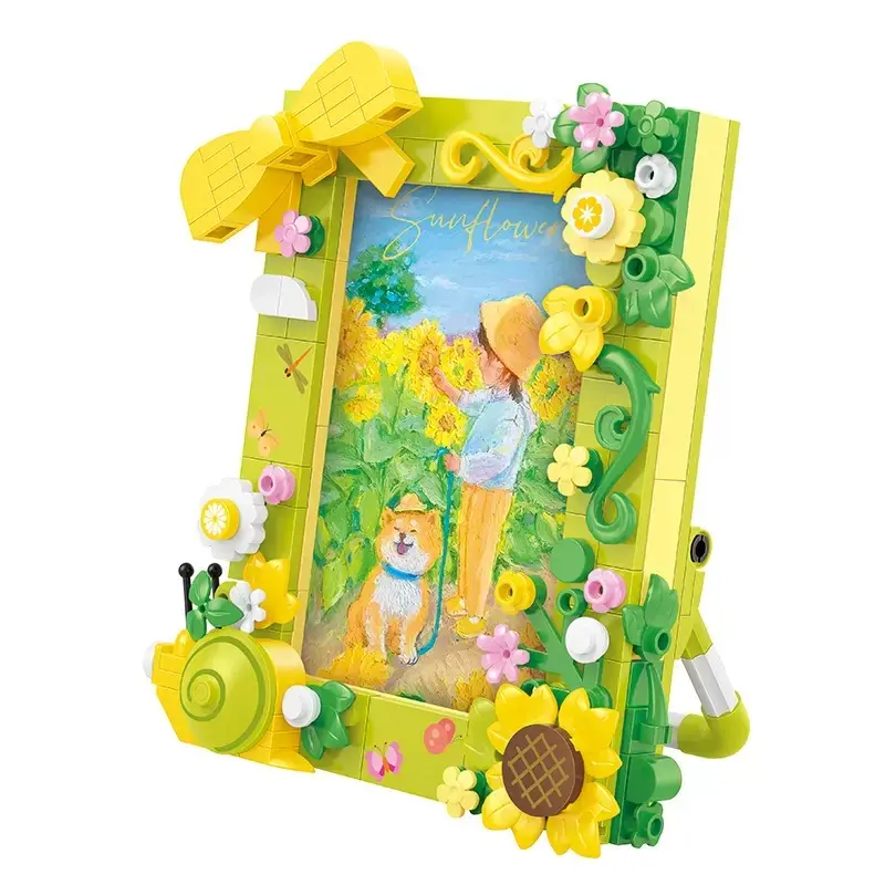 DIY Building Block Photo Frame for 3 in Instax Mini Photos - 2-in-1 Craft Kit, Sunflower Potted Plant Bouquet Brick Puzzle, Sunflower Building Block Ornament Party Gifts, Room Decor, House Decoration for Couples