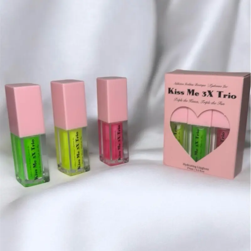 Kiss Me 3X Trio Neon Glow Bundle - Lightweight Hydrating Lip Gloss Set with Electric Green, Neon Yellow, and Hot Pink Pulse Shades - Makeup