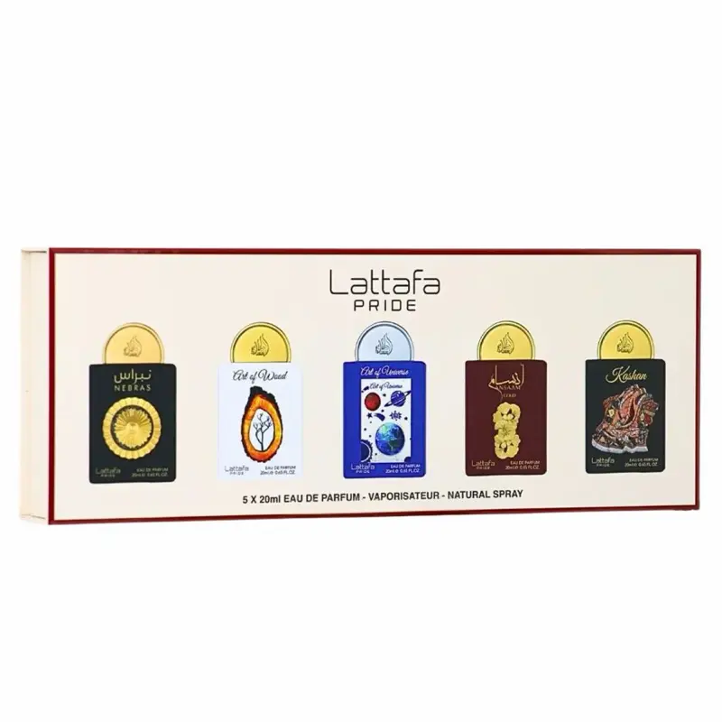 Lattafa Pride Discovery Set (5 x 20ml / 0.65 fl oz Eau de Parfum Sprays) – Nebras, Kashan, Art of Wood, Art of Universe & Ansaam Gold Mini Fragrance Collection, Long-Lasting Unisex Perfume Gift Set, Travel Size Sampler Pack