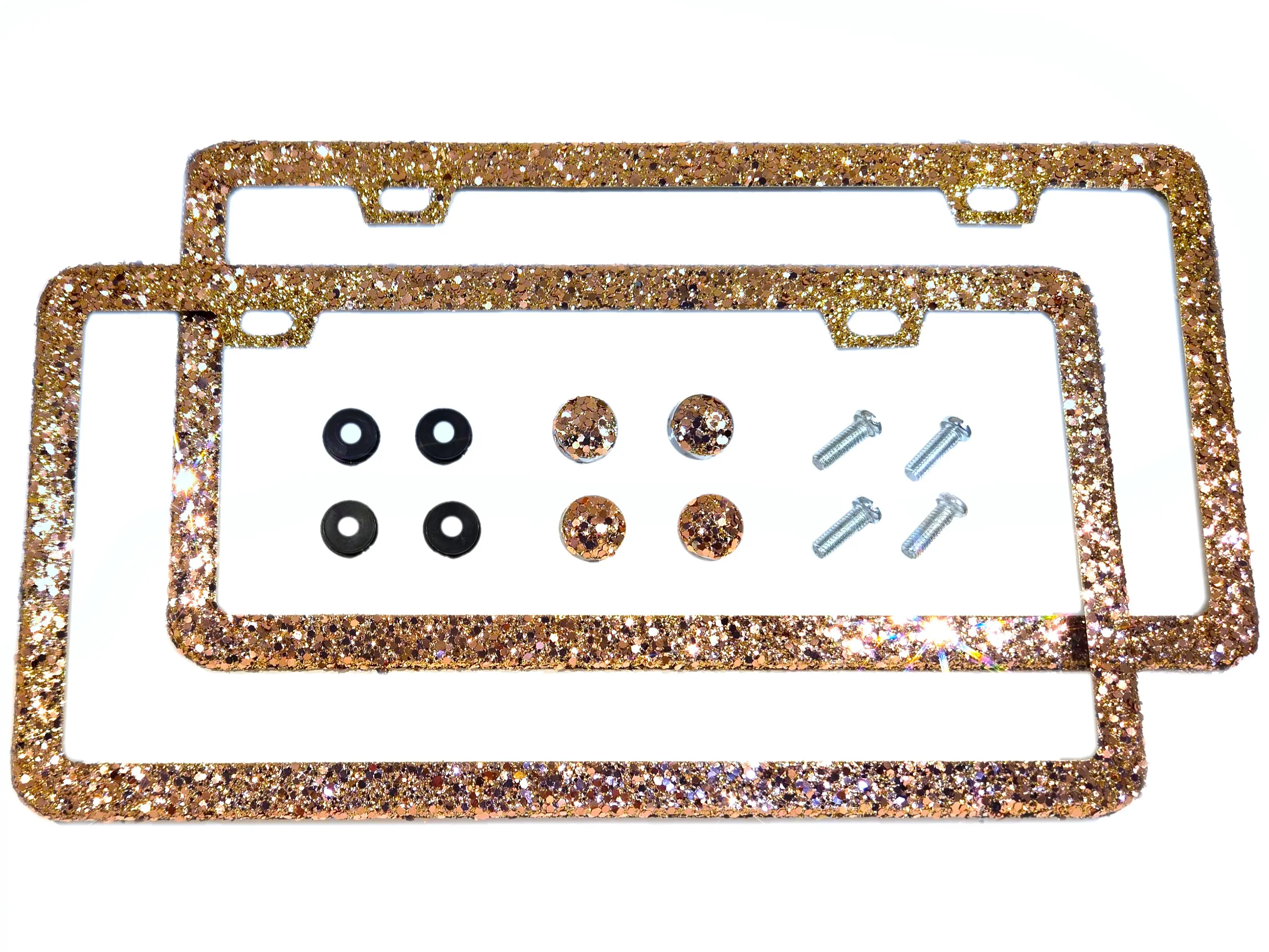 Dazzling Addiction 2 Bling License Plate Frames Rose Gold Big Chunky Glitter Bling Made in USA Handmade Diamond Holder Screw Caps Personalizable Customizable Customized Bedazzled Sparkly Shimmering Gift for her Girl Women Cute