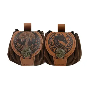 Viking Style World Tree Dragon Embossed PU Leather Drawstring Bag, Medieval Knight Decorative Pouch, Outdoor Camping Cosplay Accessory