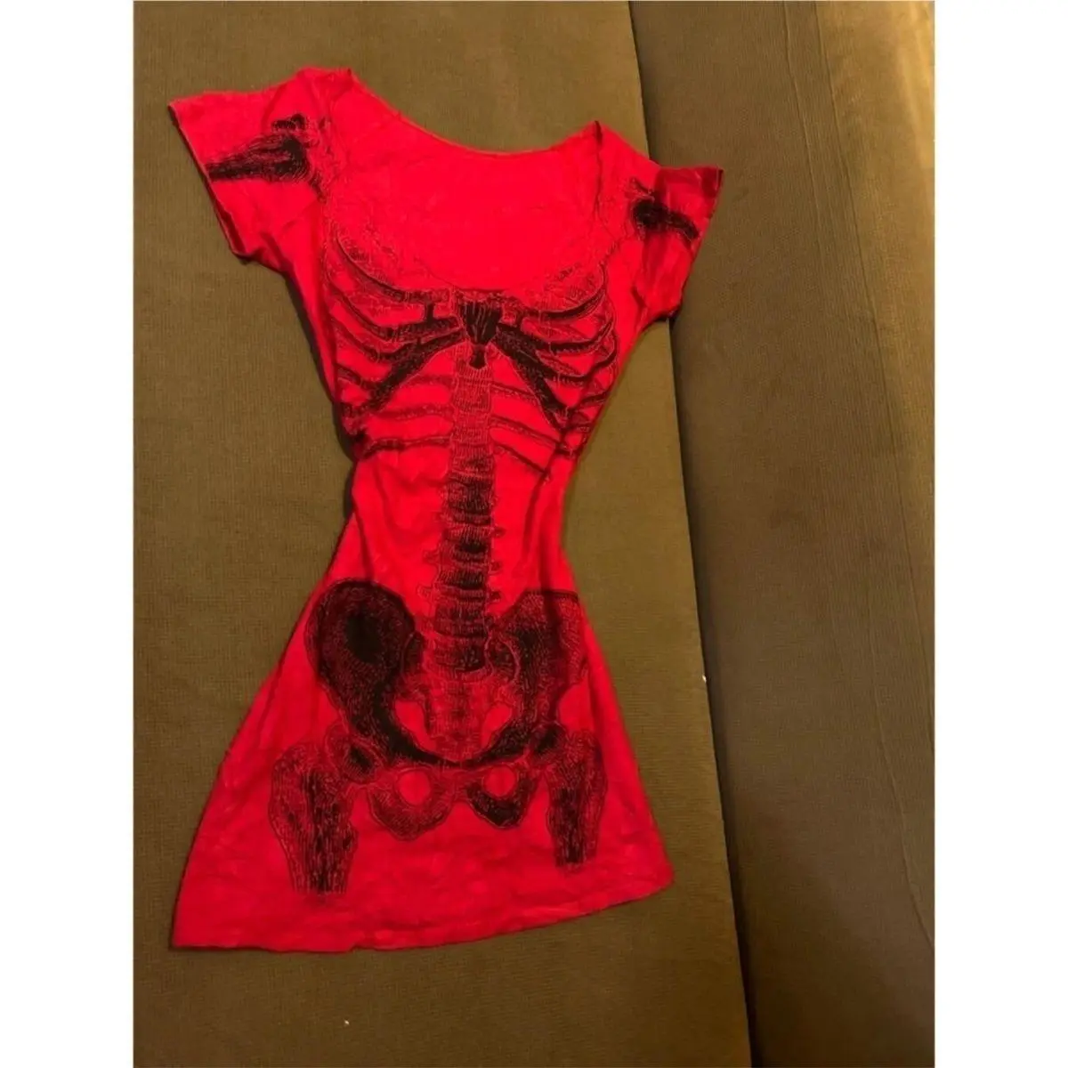 American Vintage Red Skull Skeleton Printed Short Sleeve T-Shirt for Women Casual Crewneck Summer Top Street Punk Goth Style