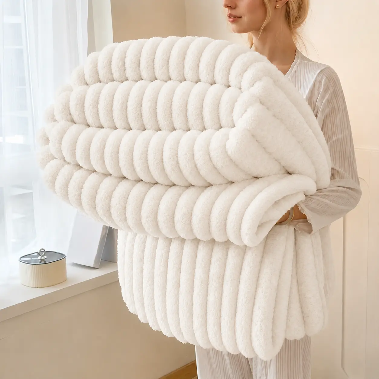 【Oversized Comfort】UFIST Ivory Cream Throw Blanket for Couch & Bed, Ultra Soft Lightweight Textured Stripe Blanket, Neutral Home Decor Blanket for Bedroom Living Room, All Season Cozy Essential