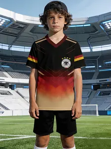 Germany Team Uniform Set V-Neck Sports Short Sleeve Shorts, 100% Polyester Casual Loose Fit, Summer Fashion Fun Print, Perfect Gift for Boys, Soccer Jersey Outfit