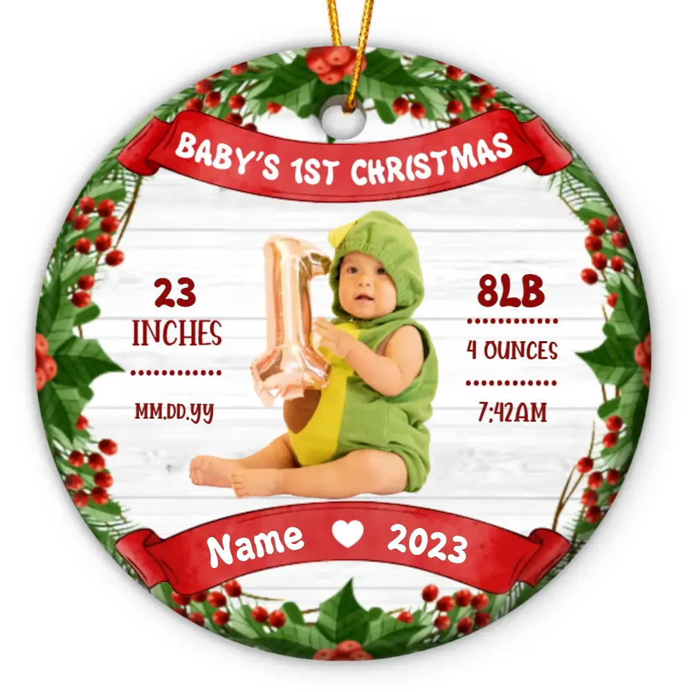 Baby's 1st Christmas Personalized Portrait Ornament - Birth Stats Baby Ornament Personalized Circle Acrylic Ornament