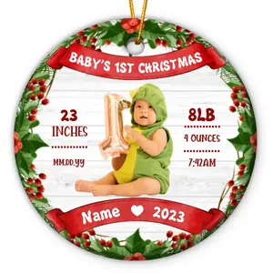 Baby's 1st Christmas Personalized Portrait Ornament - Birth Stats Baby Ornament Personalized Circle Acrylic Ornament