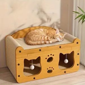 【Spring Collection Launch】FANJUN-AMTECH 2 in 1 Cat House & Scratch Board, Wooden Double Layer Cat Bed with Scratcher, Durable Pet Furniture, Spacious Cozy Cat Bed, Cool Cat Stuff, Cat Scratcher, Indoor Cat Toys & Cat Accessories