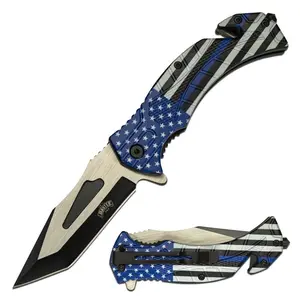 Full Size Pocket Knife Spring Police Back The Blue Thin Blue Line Us Flag