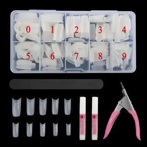 Acrylic Natural Nail Tips Kit 500 Pcs French Tip Nails Set Square Half Cover False Nails with Glue, Files, Clipper, Storage Case, Nail Art for Salons and Home DIY, 10 Sizes