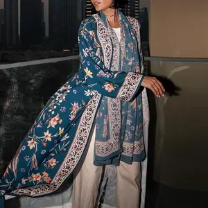 Floral Print Long Sleeved Loose Muslim Cardigan Elegant High Street Swing Vacation Jackets 2026 New Women's V Neck Autumn Coat
