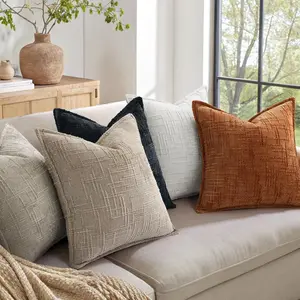 Chenille Throw Pillow Covers 18x18 Set of 2, Thick Textured Slubby Neutral Decorative Pillow Covers with Elegant Design for Couch, Sofa, Living Room, Oatmeal