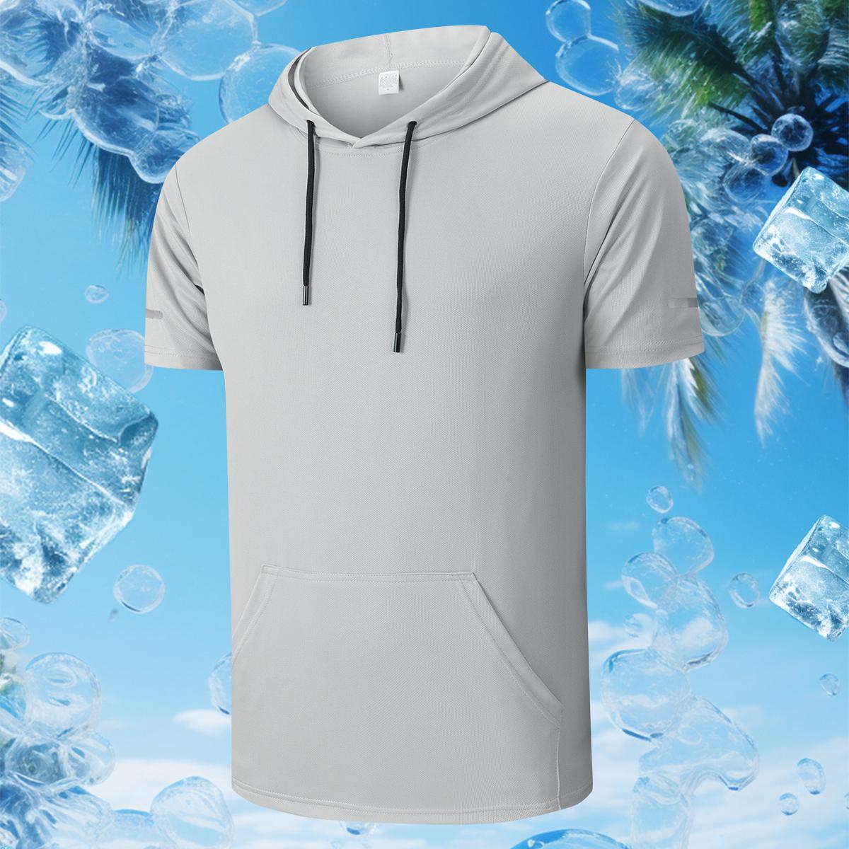 Men's sports hooded T-shirt with kangaroo pocket, breathable and quick-drying fabric, suitable for running and exercising, indoor fitness, etc